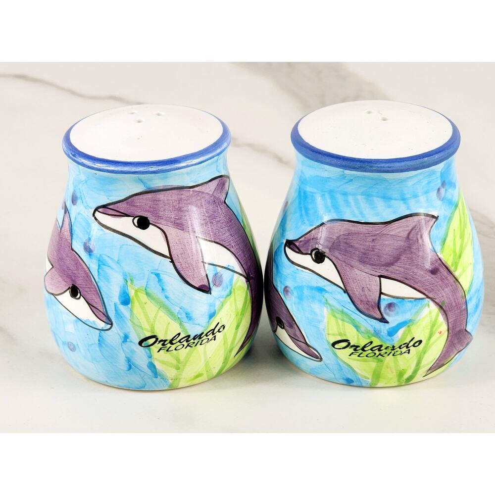 Salt & Pepper Shakers Dolphin Design Orlando Florida 2 3/4" Souvenir 80s Vintage